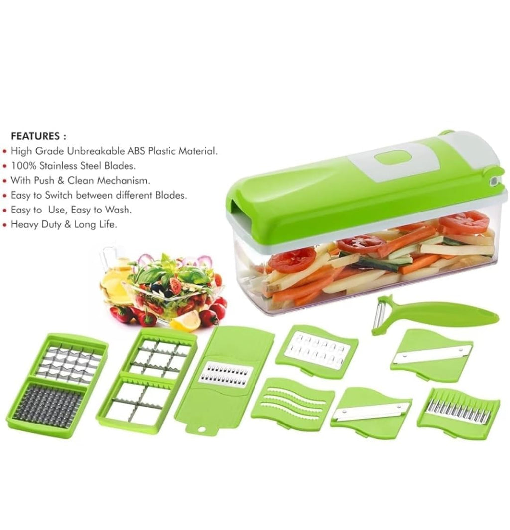 13 in 1 Multipurpose Chopper, Fruits & Vegetable Cutters, Grater Peeler Chipser, Unbreakable Food Grade Body, Easy Push to Clean Button Slicer Dicer, Chopper for Kitchen (Green, Plastic)