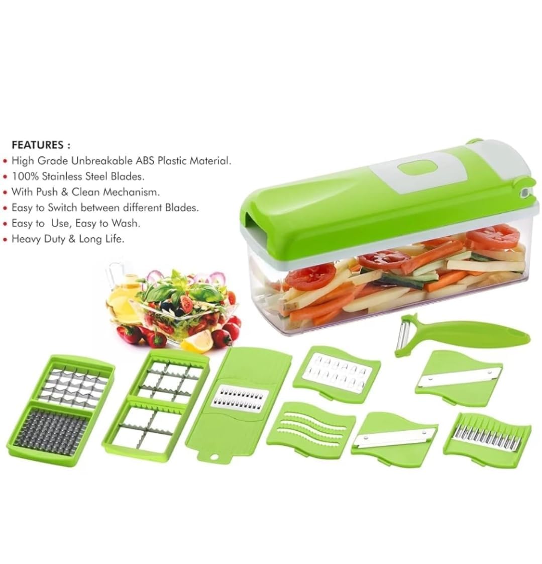 13 in 1 Multipurpose Chopper, Fruits & Vegetable Cutters, Grater Peeler Chipser, Unbreakable Food Grade Body, Easy Push to Clean Button Slicer Dicer, Chopper for Kitchen (Green, Plastic)