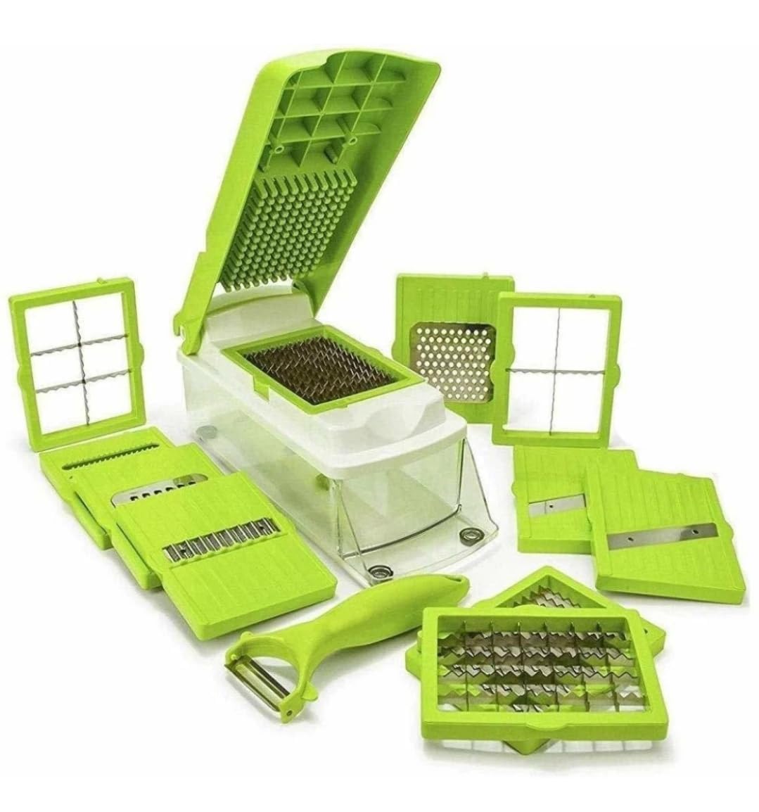 13 in 1 Multipurpose Chopper, Fruits & Vegetable Cutters, Grater Peeler Chipser, Unbreakable Food Grade Body, Easy Push to Clean Button Slicer Dicer, Chopper for Kitchen (Green, Plastic)