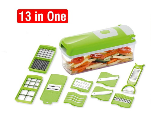 13 in 1 Multipurpose Chopper, Fruits & Vegetable Cutters, Grater Peeler Chipser, Unbreakable Food Grade Body, Easy Push to Clean Button Slicer Dicer, Chopper for Kitchen (Green, Plastic)
