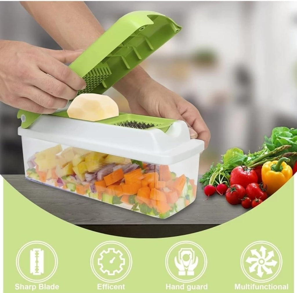 13 in 1 Multipurpose Chopper, Fruits & Vegetable Cutters, Grater Peeler Chipser, Unbreakable Food Grade Body, Easy Push to Clean Button Slicer Dicer, Chopper for Kitchen (Green, Plastic)