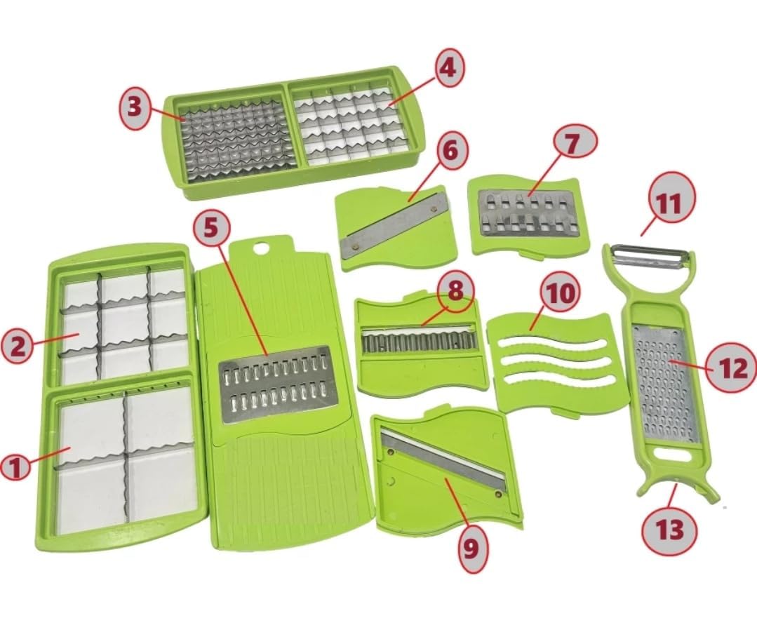 13 in 1 Multipurpose Chopper, Fruits & Vegetable Cutters, Grater Peeler Chipser, Unbreakable Food Grade Body, Easy Push to Clean Button Slicer Dicer, Chopper for Kitchen (Green, Plastic)