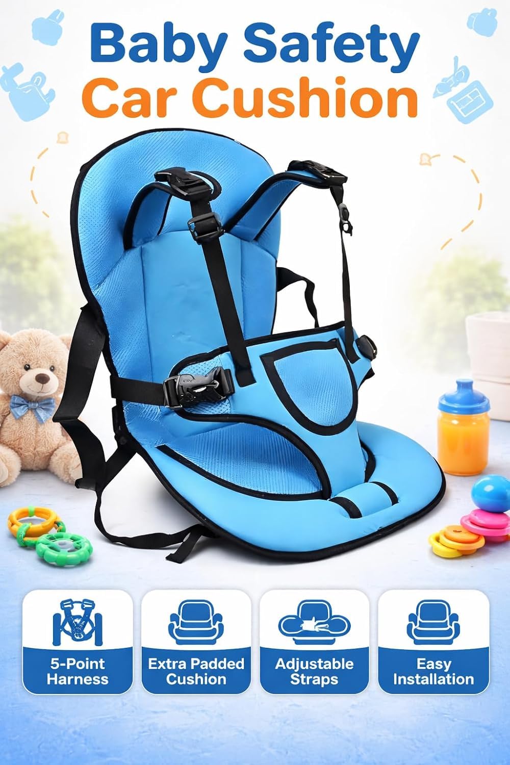 Baby Car Seat Cushion with Safety Belt Portable Toddler Booster Seat Soft Sitting Mat for Kids Chairs