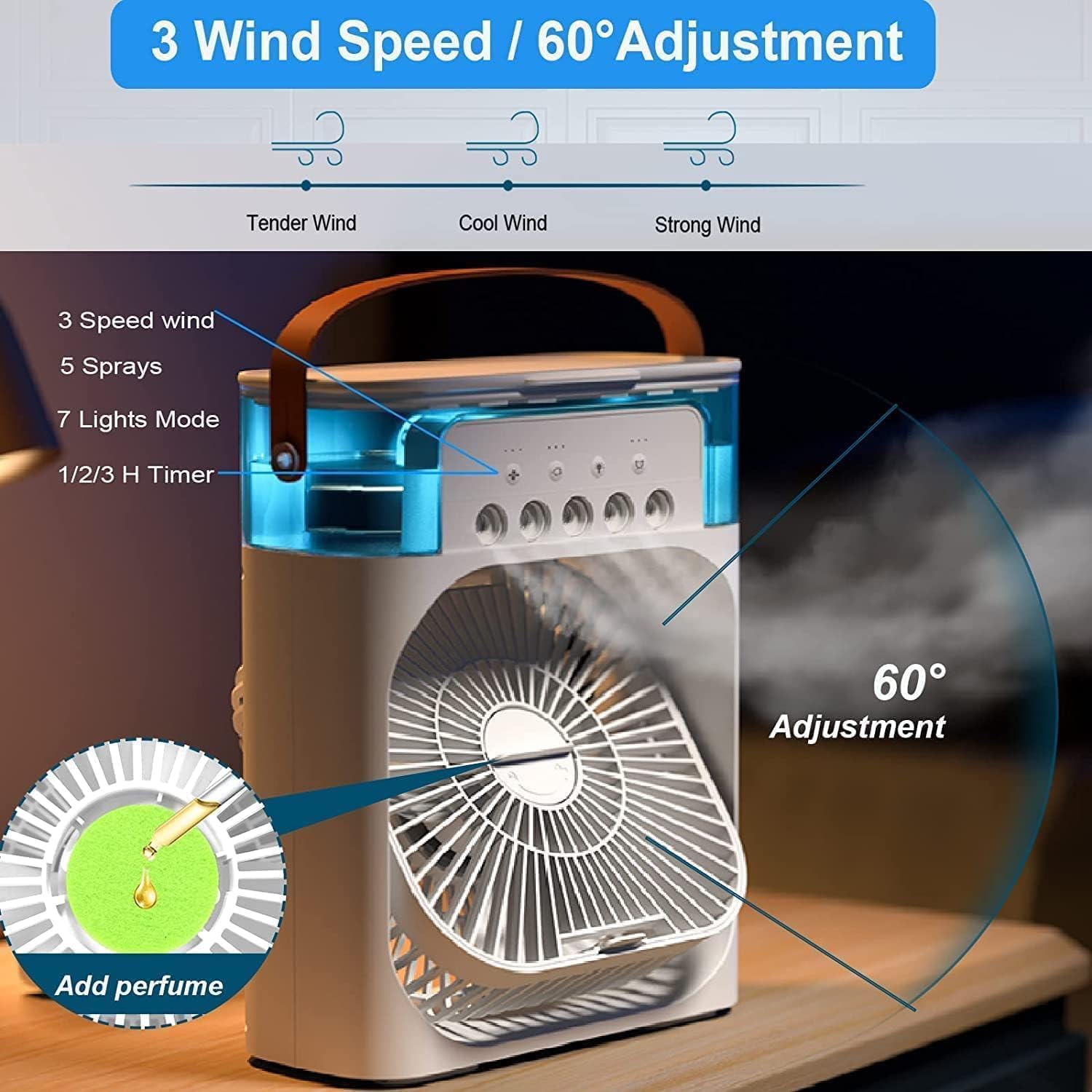 Portable Air Cooler Fan with Water Tank & USB Power - Mini Personal Evaporative Cooler with 3 Speeds, Mist Humidifier, LED Light, Quiet Cooling for Home, Office, Bedroom
