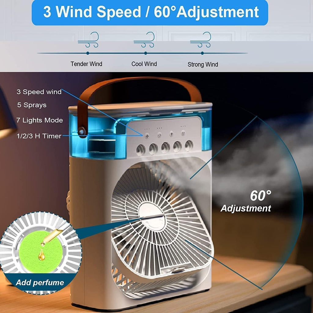 Portable Air Cooler Fan with Water Tank & USB Power - Mini Personal Evaporative Cooler with 3 Speeds, Mist Humidifier, LED Light, Quiet Cooling for Home, Office, Bedroom